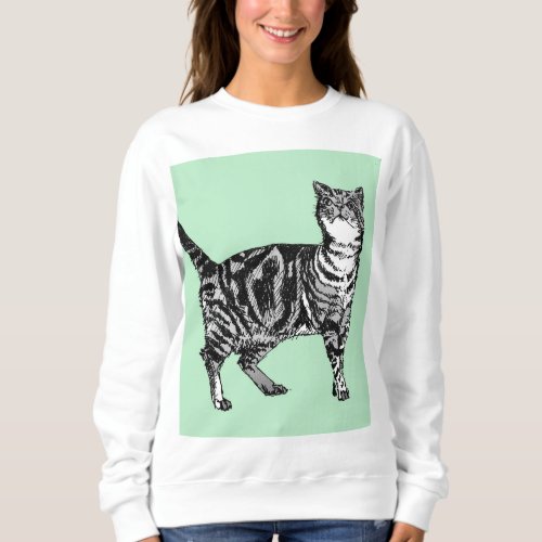 Green and mint Tabby Cat cat art Long Sleeve Top