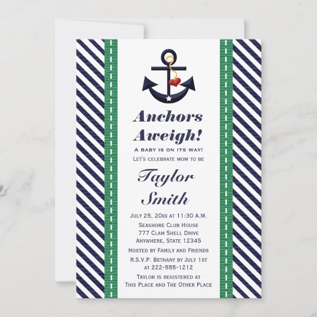 Green and Navy Anchor Nautical Baby Shower Invitation (Front)