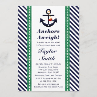 Green and Navy Anchor Nautical Baby Shower Invitation