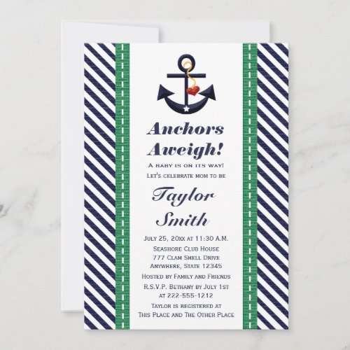 Green and Navy Anchor Nautical Baby Shower Invitation