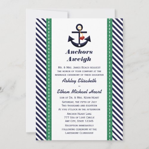 Green and Navy Anchor Nautical Wedding Invitations