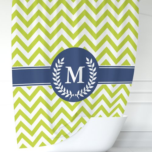 Green And Navy Blue Chevron Monogram Shower Curtain