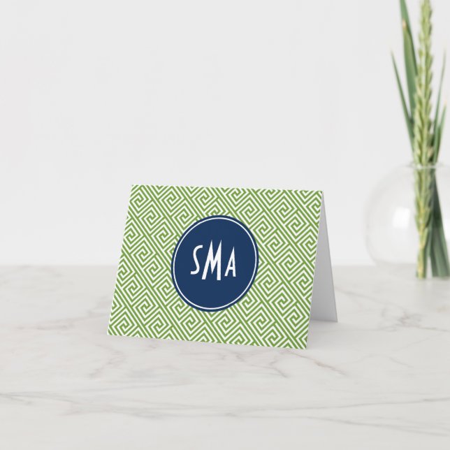 Green and Navy Blue Greek Key Pattern Monogram Note Card (Front)