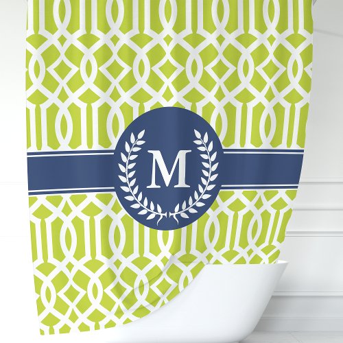 Green And Navy Blue Moroccan Trellis Monogram Shower Curtain