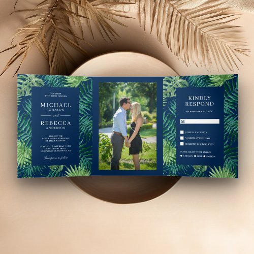 Green and Navy Blue Palm Leaves Tropical Wedding Tri_Fold Invitation