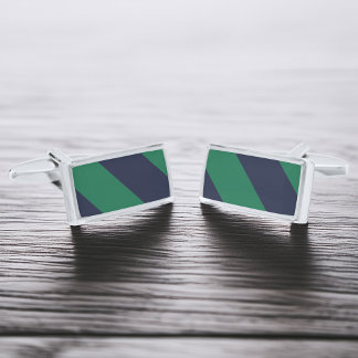 Green and Navy Blue Stripes Silver Cufflinks