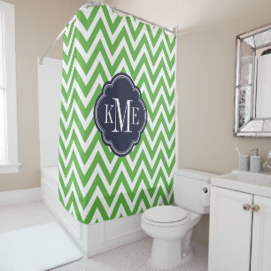 Green and Navy Chevron Monogram Shower Curtain