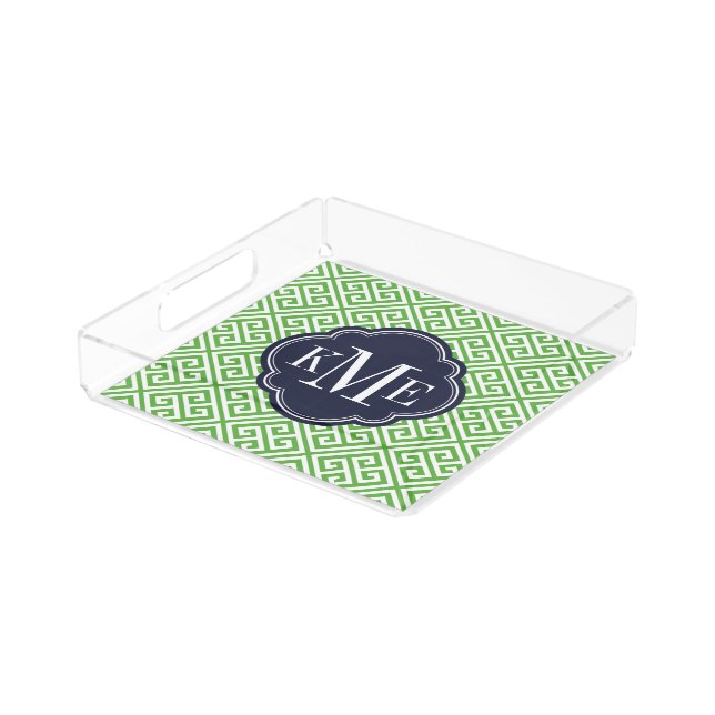 Green and Navy Greek Key Monogram Acrylic Tray (Angled)