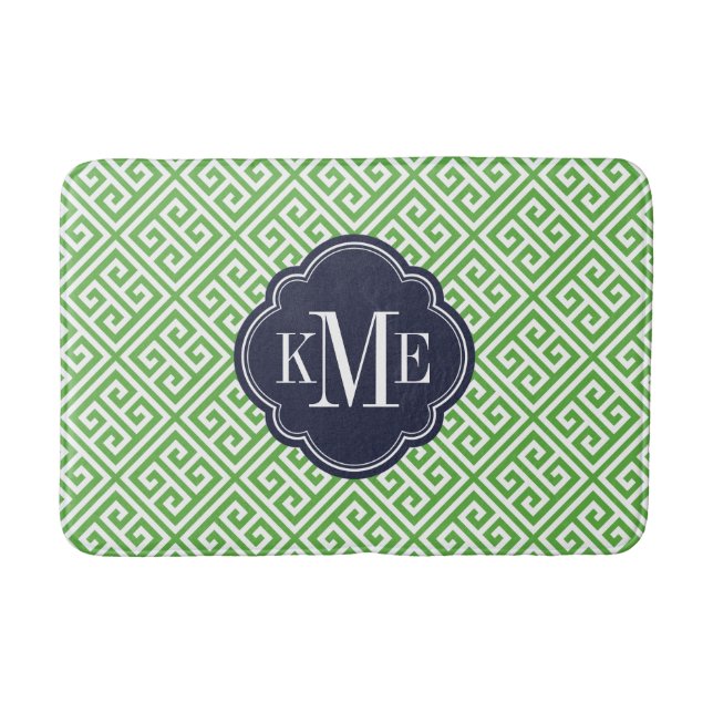 Green and Navy Greek Key Monogram Bathroom Mat (Front)