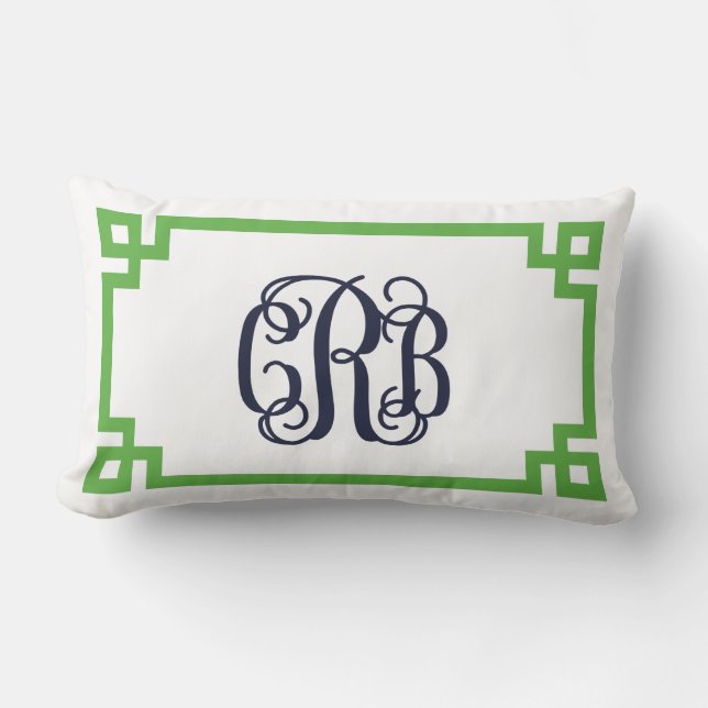 Green and Navy Greek Key Script Monogram CRB Lumbar Pillow (Front)