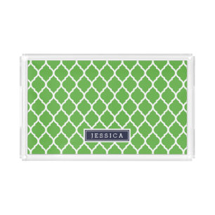 Green and Navy Moroccan Quatrefoil Monogram Acrylic Tray