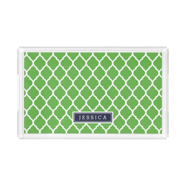 Green and Navy Moroccan Quatrefoil Monogram Acrylic Tray (Front)