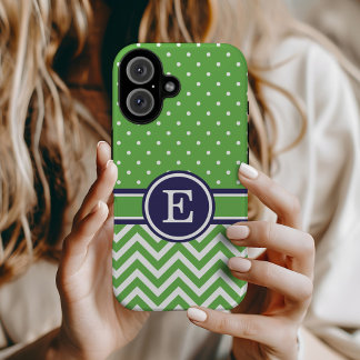Green and Navy Preppy Chevron Dots Monogram iPhone 16 Case