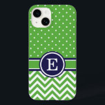 Green and Navy Preppy Chevron Dots Monogram Case-Mate iPhone 14 Case<br><div class="desc">Cute and girly case design features a mix of preppy patterns with sweet tiny polka dots on the top and a trendy zigzag chevron pattern below, separated by a coordinating rugby stripe ribbon and personalized with your monogram name or initial. So adorable! Click Customize It to change text fonts and...</div>