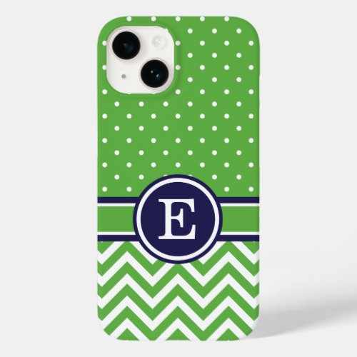 Green and Navy Preppy Chevron Dots Monogram Case_Mate iPhone 14 Case
