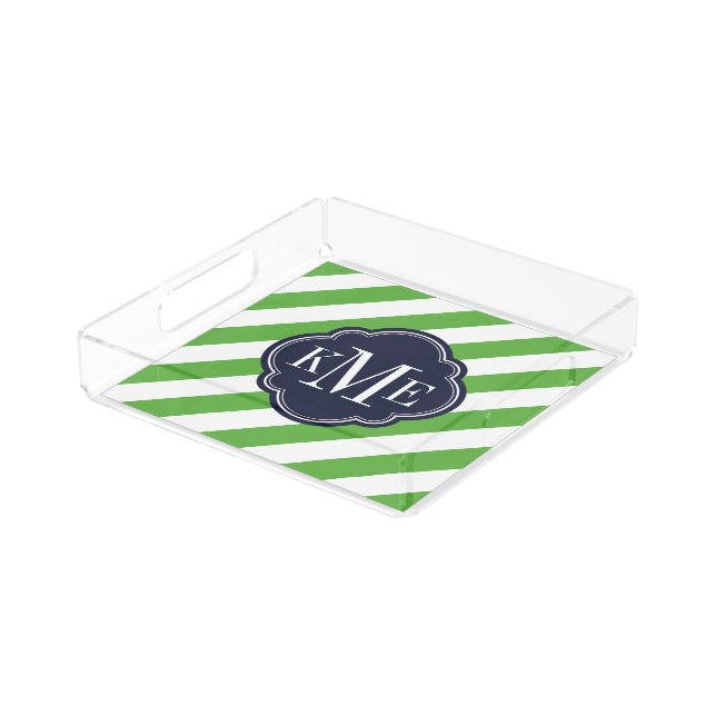 Green and Navy Preppy Stripes Monogram Acrylic Tray (Angled)