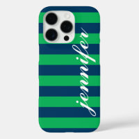 Green and Navy Stripes Custom Script Monogram Name