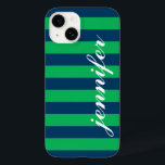 Green and Navy Stripes Custom Script Monogram Name Case-Mate iPhone 14 Case<br><div class="desc">Dress up and protect your iphone with a preppy,  modern and bold striped pattern design that is custom monogrammed with your first name in a lowercase script font.  Dark navy / indigo blue and kelly green horizontal stripes contrasted with white text.</div>