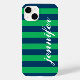 Green and Navy Stripes Custom Script Monogram Name Case-Mate iPhone 14 Case