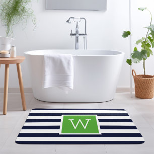 Green and Navy Stripes Monogram Bath Mat