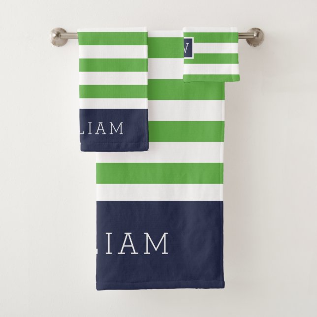 Green and Navy Stripes Monogram Bath Towel Set (Insitu)