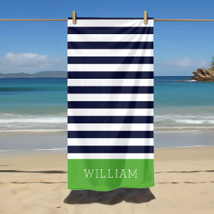 Green and Navy Stripes Monogram Beach Towel