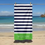 Green And Navy Stripes Monogram Beach Towel at Zazzle
