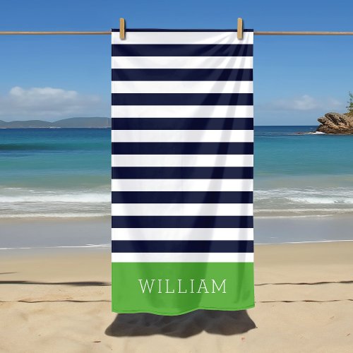 Green and Navy Stripes Monogram Beach Towel