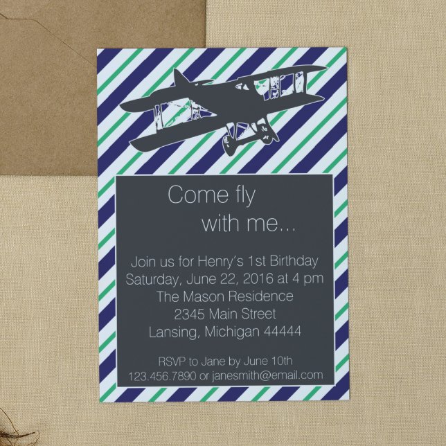 Green and Navy Vintage Airplane Birthday Invite (Creator Uploaded)