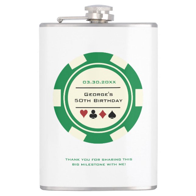 Green and Off-White Casino Poker Chip Birthday Flask (Front)