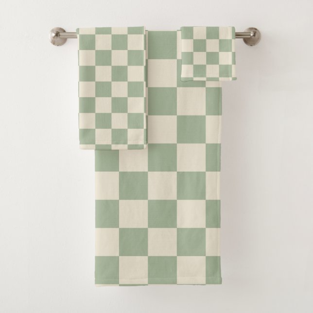 Green and Off White Checkerboard Bath Towel Set (Insitu)
