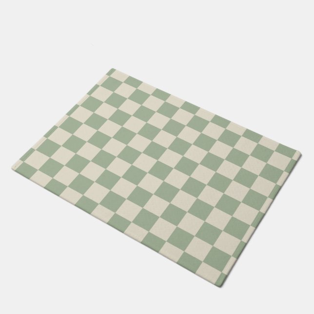 Green and Off White Checkerboard Doormat (Angled)