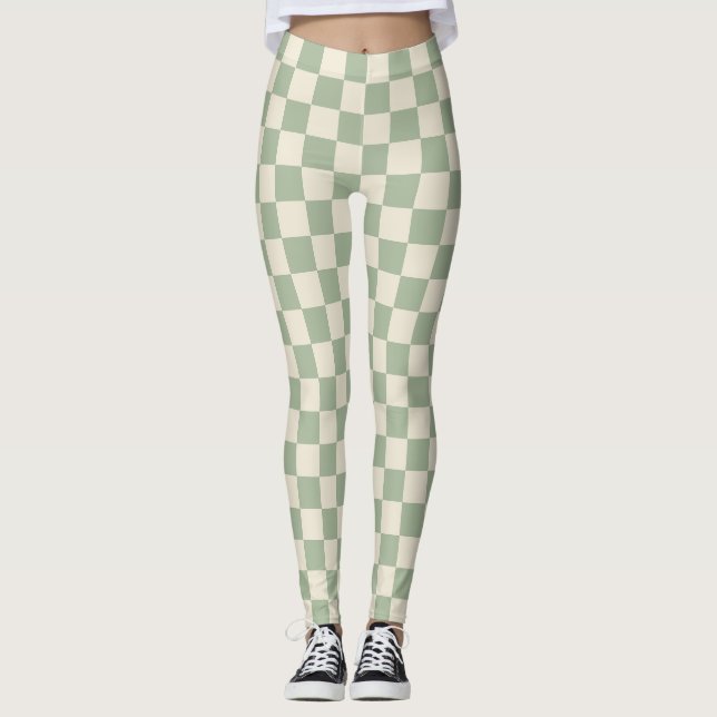 Green and Off White Checkerboard Leggings (Front)