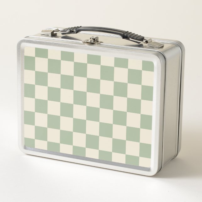 Green and Off White Checkerboard Metal Lunch Box (Front)
