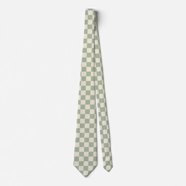 Green and Off White Checkerboard Neck Tie (Front)
