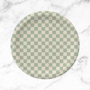 Green and Off White Checkerboard Paper Plates