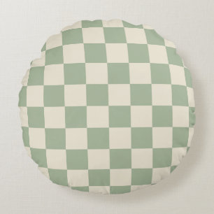 Green and Off White Checkerboard Round Pillow