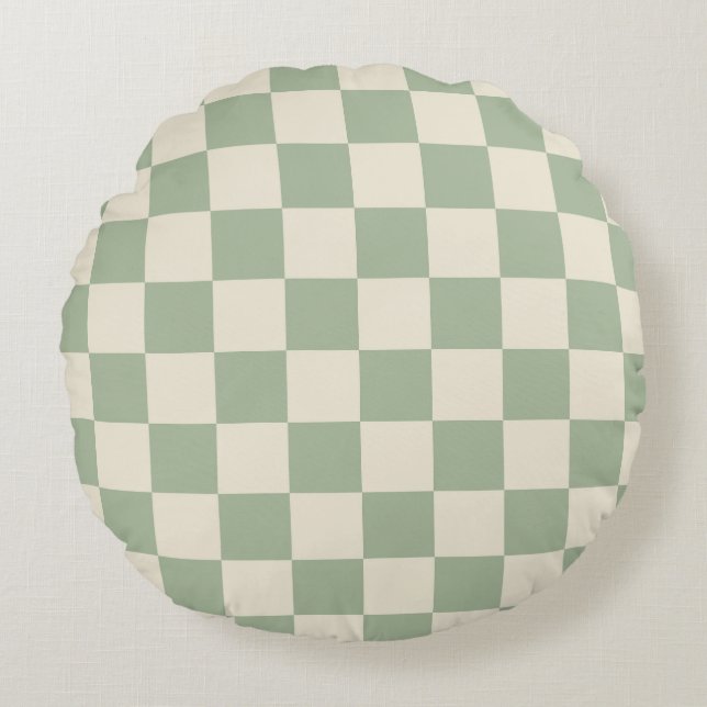 Green and Off White Checkerboard Round Pillow (Front)
