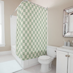 Green and Off White Checkerboard Shower Curtain