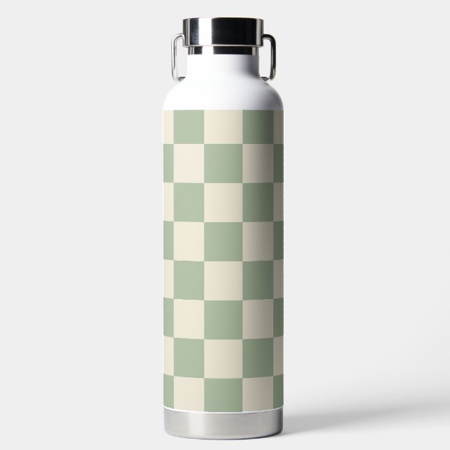 Green and Off White Checkerboard Water Bottle (Front)