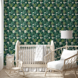 Green and Off White Forest Removable Wallpaper