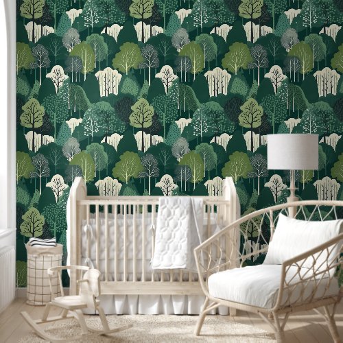 Green and Off White Forest Removable Wallpaper