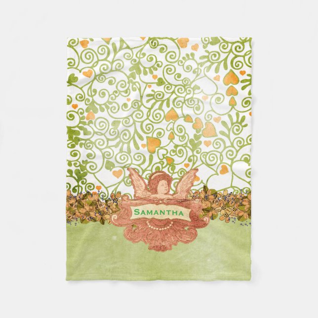 Green and Orange Angel with Name Fleece Blanket (Front)
