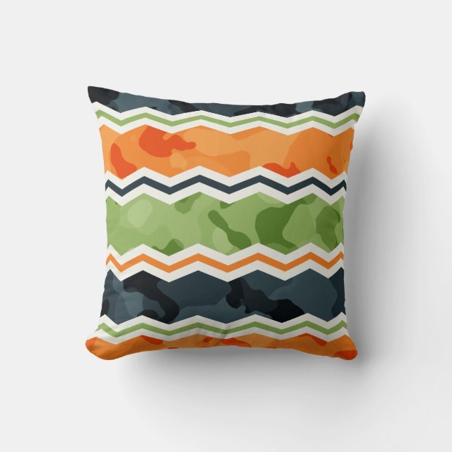 Green and Orange Camo Chevron Stripes Throw Pillow (Front)