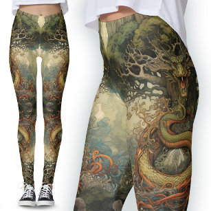 Green and Orange Chinese Tree Dragon Tattoo Art Leggings
