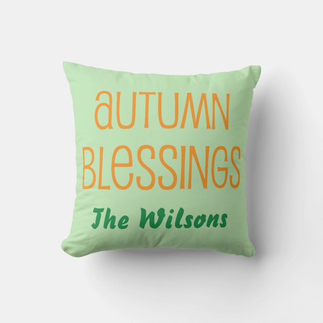 Green and Orange Family Autumn Blessings Throw Pillow (Front)