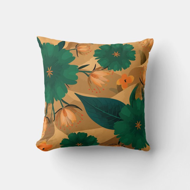 Green and orange Florals with golden background Throw Pillow (Front)