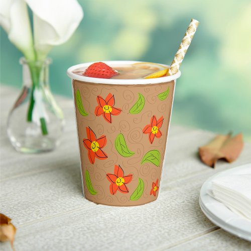 Green And Orange Flowers Paper Cups
