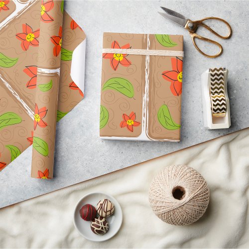 Green And Orange Flowers Wrapping Paper
