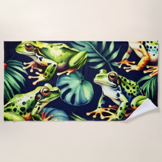 Green and orange frogs on fresh leaves, watercolor